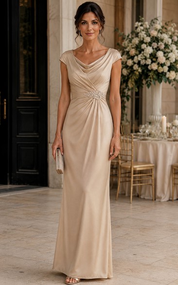 Cowl Neck Cap Sleeve Satin Formal Gown