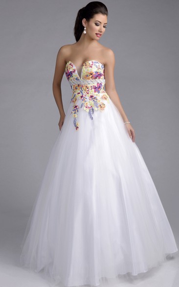 Tulle Sweetheart Sleeveless Lace Appliqued A-Line Prom Dress With Beaded Belt