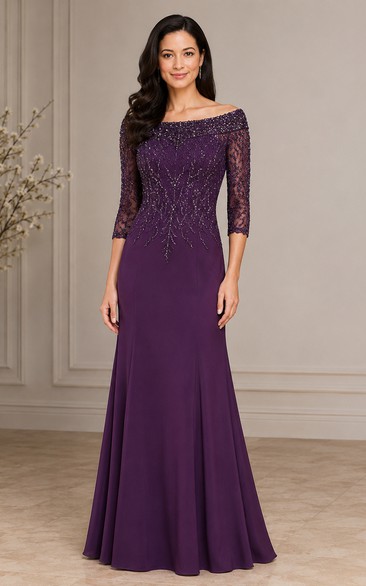 Mermaid Lace Mother of the Bride Dress with Off-the-shoulder, 3/4 Length Sleeve and Lace Beading, Floor Length