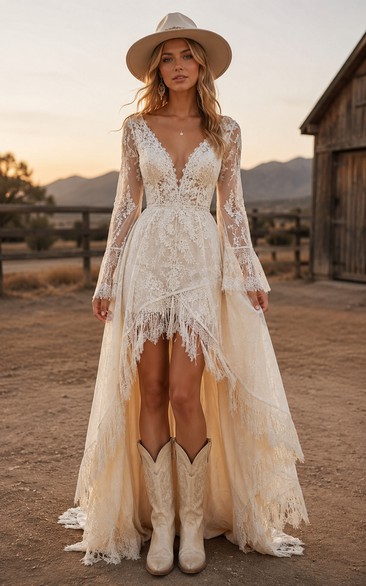 Western Vintage Country A-Line Wedding Dress Long Bell Sleeve V-Neck Lace High-Low Chapel Train Ivory