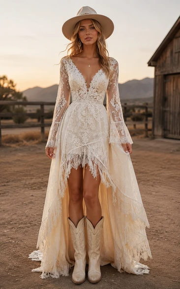 Western Vintage Country A-Line Wedding Dress Long Bell Sleeve V-Neck Lace High-Low Chapel Train Ivory
