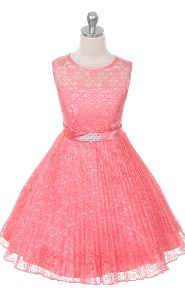 Tea-Length Illusion Pleated Lace&Satin Flower Girl Dress