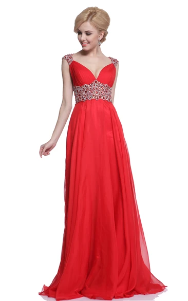 A-Line Floor-Length Queen Anne Chiffon Keyhole Dress With Beading
