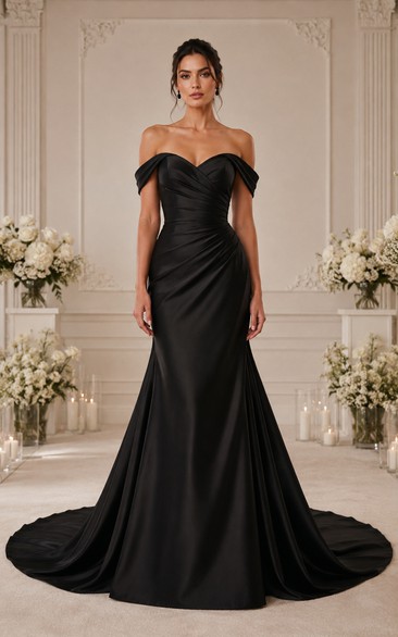 Off-the-Shoulder Satin Mermaid Black Wedding Gown