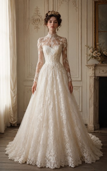 High Neck Long Sleeve Lace Ball Gown Vintage Wedding Dress