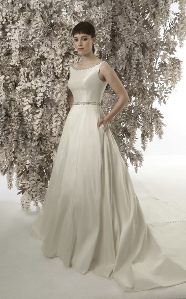 Sleeveless Jeweled Scoop Neck Satin Wedding Dress With Court Train