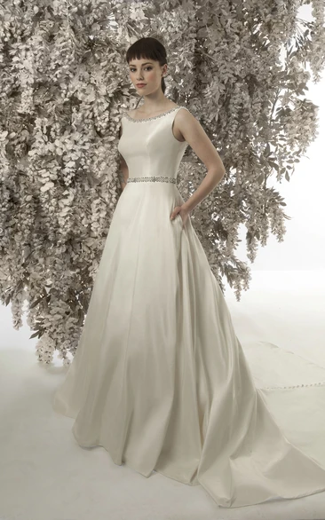 Sleeveless Jeweled Scoop Neck Satin Wedding Dress With Court Train