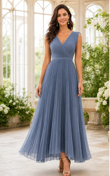 Steel Blue Pleated V-neck Tulle Floor-length A-Line Dress