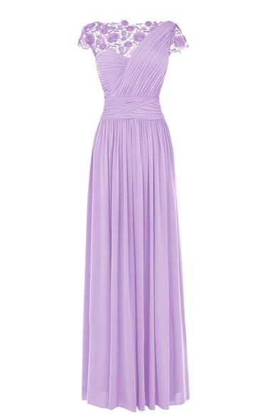 Cap-sleeve Ruched A-line Dress With Lace Appliques