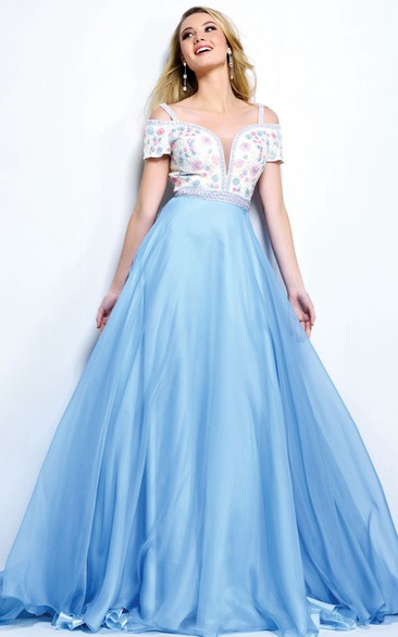A-Line Floor-Length Sweep Train Keyhole Dress With Beading And Embroidery