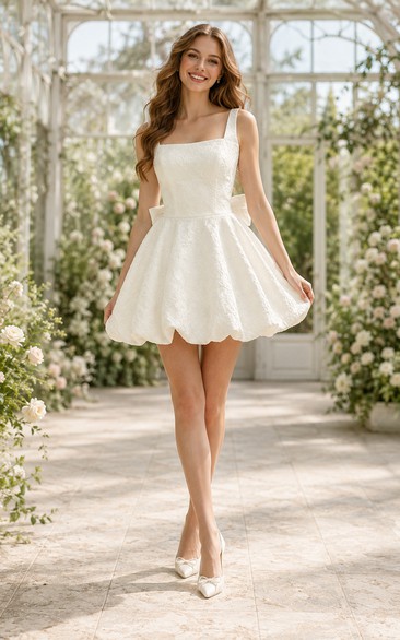 Square Neck Satin A-Line Short Wedding Dress with Bow Back