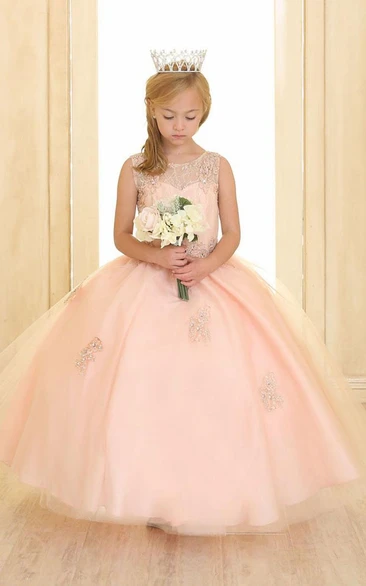 Beaded Tiered Tulle&Lace Flower Girl Dress With Illusion