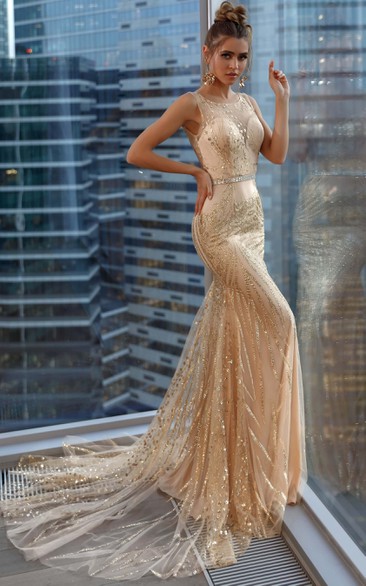 Mermaid Scoop-neck Sleeveless Beaded Keyhole Evening Dress with Sweep Train