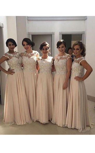 A-line Maxi Scoop Sleeveless Appliques Chiffon Lace Bridesmaid Dress