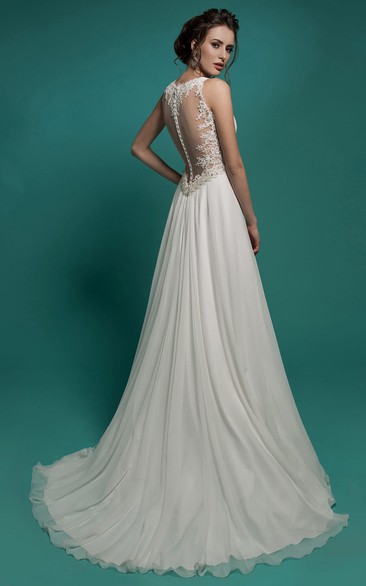 A-Line Floor-Length V-Neck Sleeveless Empire Illusion Chiffon Dress ...