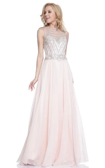 A-Line Jewel-Neck Sleeveless Chiffon Illusion Dress With Beading And Pleats