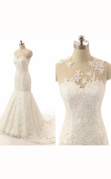 Mermaid Floor-Length Sleeveless Bell Ruffles Lace Bridal Dress