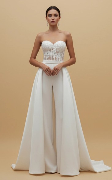 Strapless Sweetheart Lace Corset Jumpsuit with Dramatic Satin Overskirt