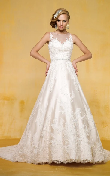 Sleeveless Bateau-Neck A-Line Gown With Illusion Style And Keyhole Back