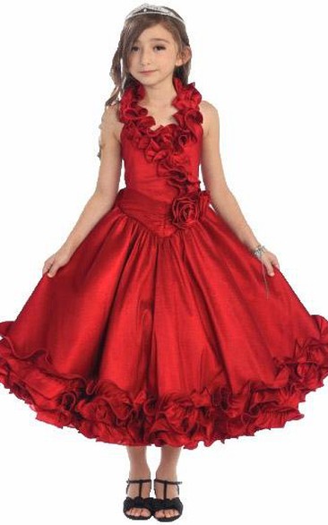 Tea-Length Ruffled Tiered Lace Flower Girl Dress