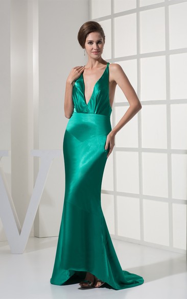 Plunged Mermaid High-Low Satin Dress With Sweep Train