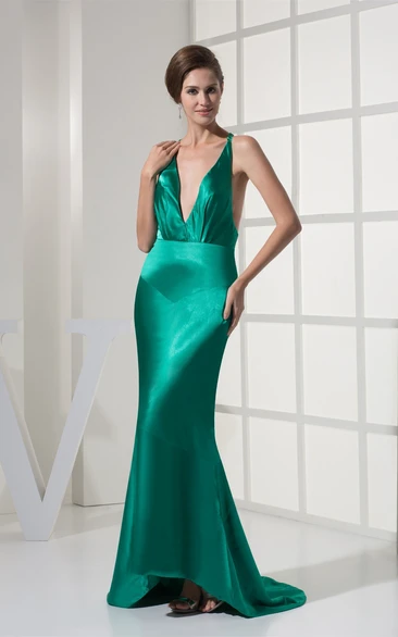 Plunged Mermaid High-Low Satin Dress With Sweep Train