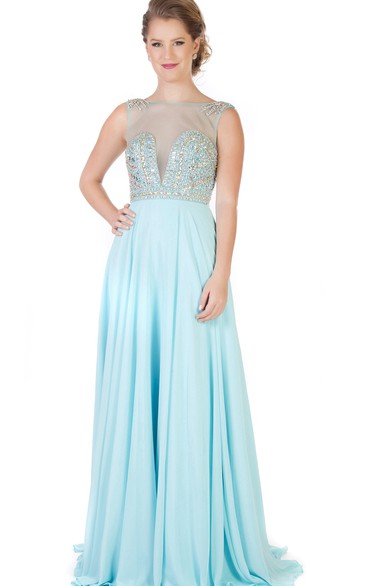 A-Line Floor-Length Jewel-Neck Beaded Sleeveless Chiffon Evening Dress With Pleats