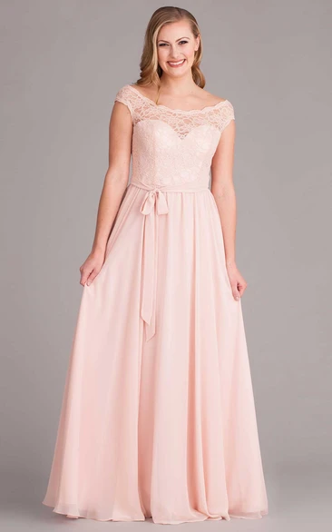 Floor-Length Lace Scoop Neck Cap Sleeve Chiffon Bridesmaid Dress
