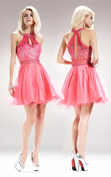 A-Line Short Scoop-Neck Sleeveless Tulle Satin Dress With Sequins And Beading