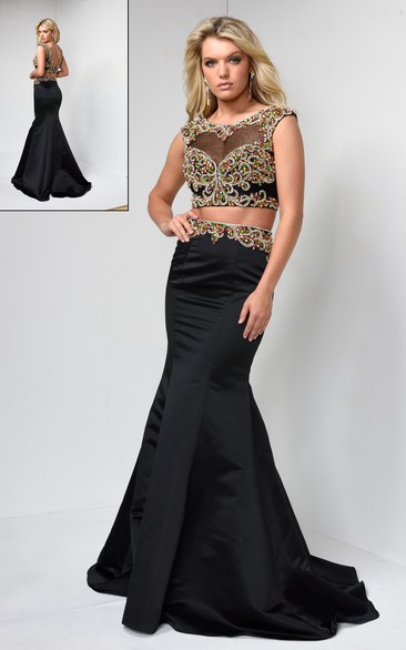 Muti-Color Sheath Maxi Scoop-Neck Cap-Sleeve Satin Deep-V Back Dress With Beading