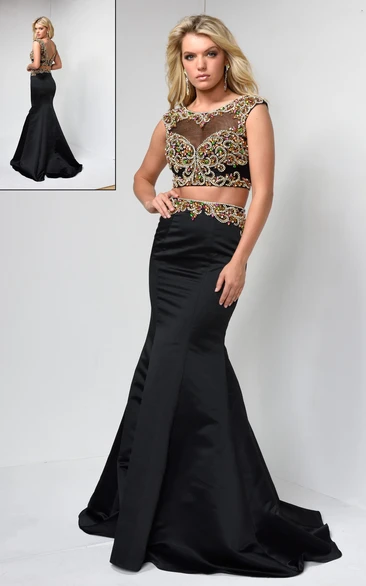 Muti-Color Sheath Maxi Scoop-Neck Cap-Sleeve Satin Deep-V Back Dress With Beading