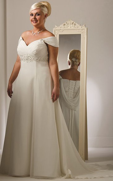 Plus Size Off Shoulder Tulle Bridal Gown With Lace Up