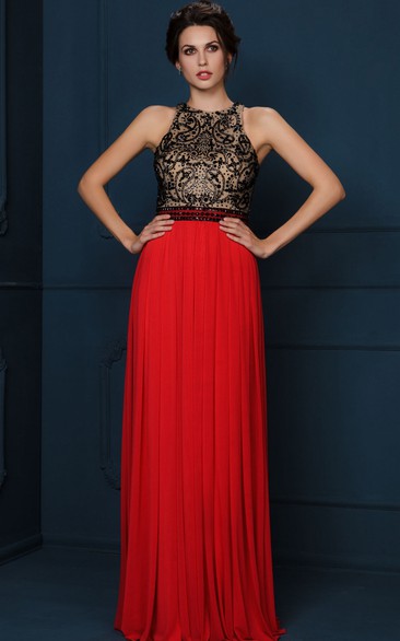 A-Line Beaded Sleeveless Floor-Length Scoop-Neck Jersey Evening Dress With Pleats