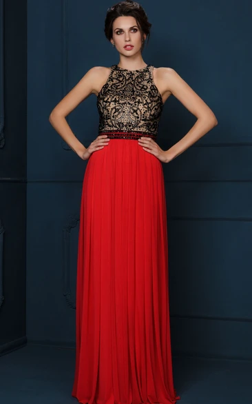 A-Line Beaded Sleeveless Floor-Length Scoop-Neck Jersey Evening Dress With Pleats