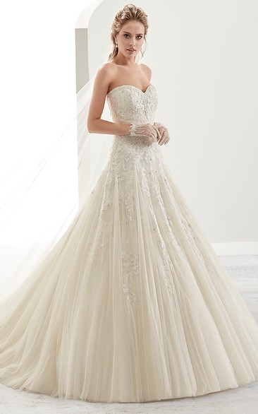 Sweetheart Brush-Train A-Line Bridal Gown With Beaded Details And Lace-Up Back