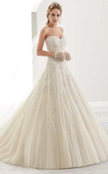 Sweetheart Brush-Train A-Line Bridal Gown With Beaded Details And Lace-Up Back