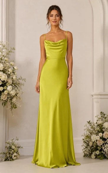 Lime Green Cowl Neck Satin Sheath Bridesmaid Dress