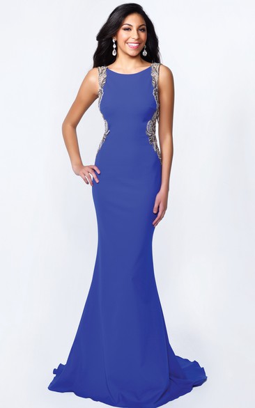 Sheath Maxi Scoop-Neck Sleeveless Jersey Deep-V Back Dress With Beading