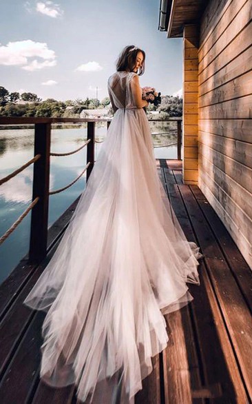 Cap Scoop-neck Empire Pleated Tulle Summer Country Wedding Dress with Beadings