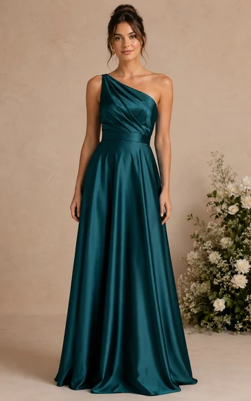 Peacock One-Shoulder Satin A-Line Bridesmaid Dress
