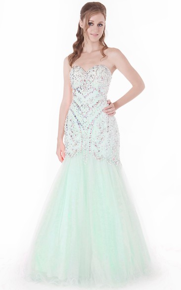 Trumpet Long Sleeveless Beaded Sweetheart Tulle Prom Dress