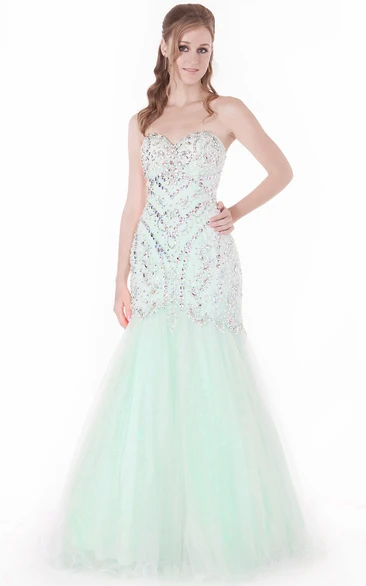 Trumpet Long Sleeveless Beaded Sweetheart Tulle Prom Dress