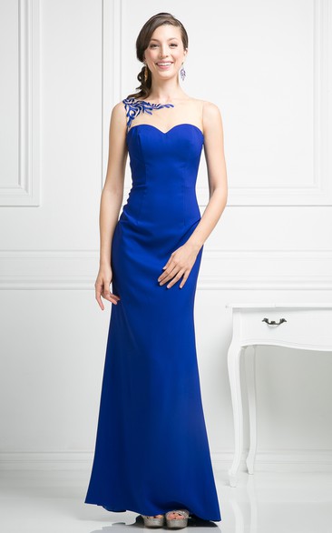 Sheath Ankle-Length Bateau Sleeveless Jersey Illusion Dress With Embroidery