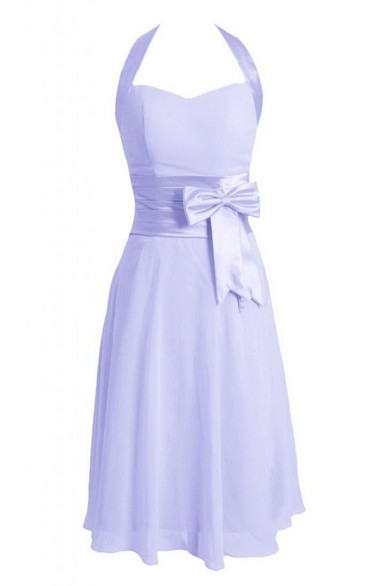Tea-length Halter A-line Dress With Bow and Band