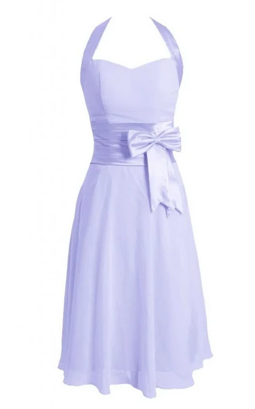 Tea-length Halter A-line Dress With Bow and Band