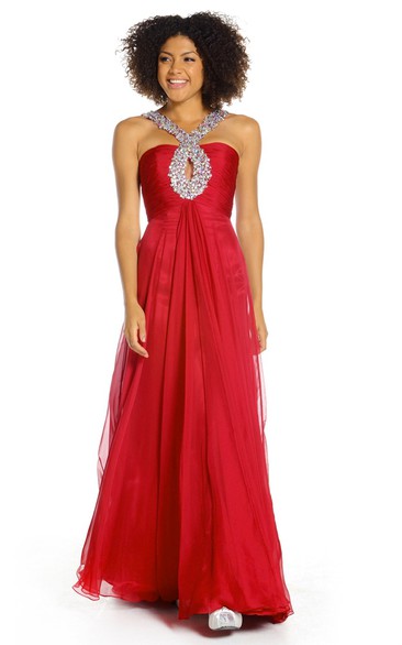 A-Line Floor-Length Beaded Sleeveless Chiffon Prom Dress With Zipper Back And Pleats