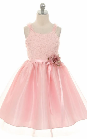 Tea-Length Ruffled Tiered Tulle Flower Girl Dress With Embroidery