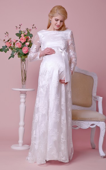 Bateau Illusion Long-sleeved Lace Long Dress With Beaded Waist