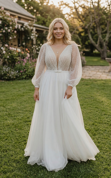 Plus Size Long Sleeve V-Neck Beaded Tulle A-Line Wedding Dress with Low V-Back