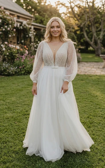 Plus Size Long Sleeve V-Neck Beaded Tulle A-Line Wedding Dress with Low V-Back